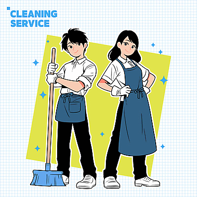 전신 여자 남자 인물캐릭터 허리손 유니폼 일러스트 가정 직업캐릭터 서기 성인 두명 파란색 앞치마 잡기 빗자루 청소 서비스 청소부 성인만 일러캐릭터 AI파일 직업 캐릭터 옷 컬러 포즈 모션 사람 청소도구 파일형식 벡터