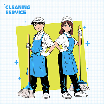 전신 여자 남자 인물캐릭터 허리손 유니폼 일러스트 가정 직업캐릭터 서기 성인 두명 파란색 앞치마 잡기 빗자루 청소 서비스 청소부 성인만 일러캐릭터 AI파일 직업 캐릭터 옷 컬러 포즈 모션 사람 청소도구 파일형식 벡터