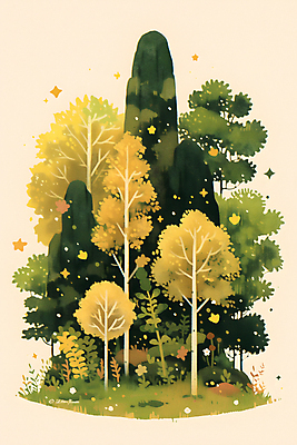 JPG 나무 포스터 일러스트 자연 동화 사람없음 초록색 반짝임 풀 숲 국내일러스트 AI일러스트 AI콘텐츠 식물 컬러 모션 생태계 파일형식