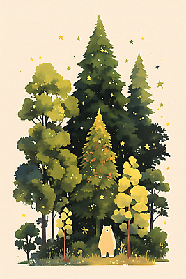 JPG 나무 포스터 일러스트 곰 자연 동화 사람없음 초록색 반짝임 풀 숲 국내일러스트 AI일러스트 AI콘텐츠 식물 동물 컬러 포유류 모션 생태계 파일형식