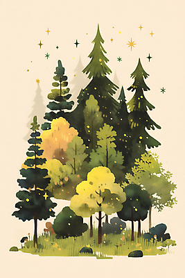 JPG 나무 포스터 일러스트 자연 동화 사람없음 초록색 반짝임 풀 숲 국내일러스트 AI일러스트 AI콘텐츠 식물 컬러 모션 생태계 파일형식