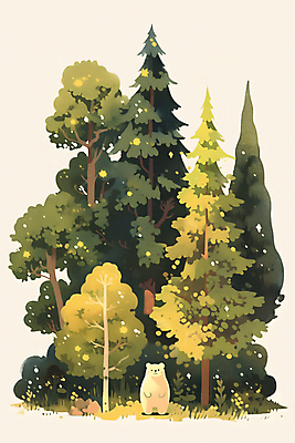 JPG 나무 포스터 일러스트 곰 자연 동화 사람없음 초록색 풀 숲 국내일러스트 AI일러스트 AI콘텐츠 식물 동물 컬러 포유류 생태계 파일형식