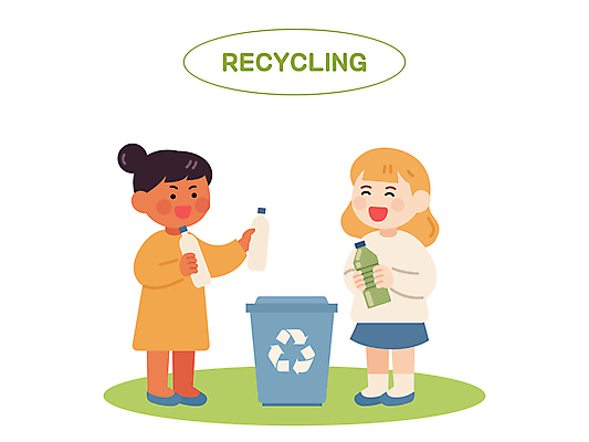 전신 여자 어린이 일러스트 협력 미소 들기 소녀 두명 초록색 자연보호 환경 재활용 쓰레기통 분리수거 플라스틱병 소녀만 국내일러스트 AI파일 컬러 모션 자연 표정 사람 보호 플라스틱 친환경 병_담는 여자만 어린이만 파일형식 벡터