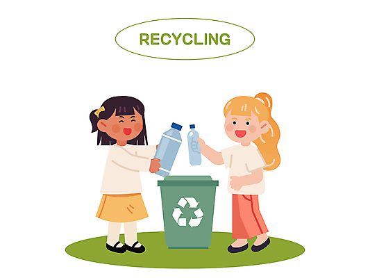 전신 여자 어린이 일러스트 협력 미소 들기 소녀 두명 초록색 자연보호 환경 재활용 쓰레기통 분리수거 플라스틱병 소녀만 국내일러스트 AI파일 컬러 모션 자연 표정 사람 보호 플라스틱 친환경 병_담는 여자만 어린이만 파일형식 벡터