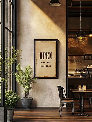 PSD 식물 편집이미지 화분 액자 의자 탁자 안내 간판 프레임 사람없음 햇빛 상점 창가 디지털합성 편집소스 영업시간 이미지편집 편집실사 가구 창문 태양 시간 CG 파일형식