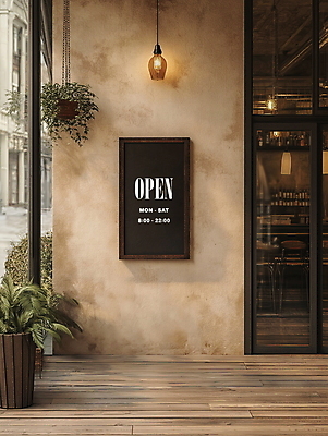 PSD 편집이미지 액자 조명 안내 간판 프레임 사람없음 상점 디지털합성 나무바닥 편집소스 영업시간 이미지편집 편집실사 바닥 시간 CG 파일형식