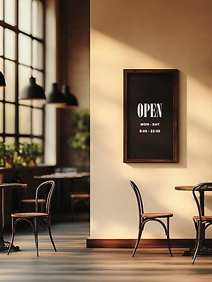 PSD 편집이미지 액자 의자 탁자 안내 간판 프레임 사람없음 햇빛 상점 디지털합성 편집소스 영업시간 이미지편집 편집실사 가구 태양 시간 CG 파일형식