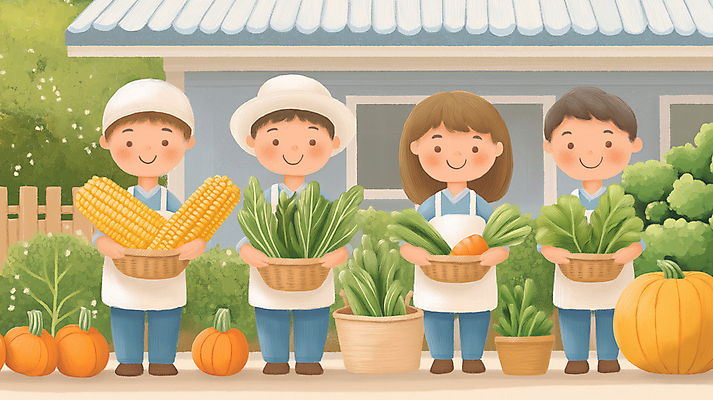 JPG 전신 여자 남자 행복 농업 일러스트 가족 호박 옥수수 미소 들기 여러명 성인 농장 바구니 당근 수확 농부 농업인의날 성인만 국내일러스트 AI일러스트 AI콘텐츠 직업 기념일 감정 산업 다수 채소 관계 모션 곡류 뿌리채소 표정 사람 파일형식