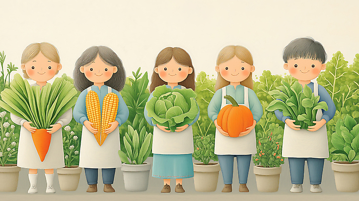 JPG 전신 여자 남자 행복 농업 일러스트 가족 호박 옥수수 미소 여러명 성인 농장 당근 수확 농부 양배추 농업인의날 성인만 국내일러스트 AI일러스트 AI콘텐츠 직업 기념일 감정 산업 다수 채소 관계 곡류 뿌리채소 표정 사람 파일형식