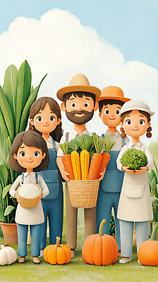 JPG 전신 여자 남자 행복 어린이 농업 일러스트 가족 호박 미소 들기 소녀 여러명 성인 농장 바구니 당근 수확 농부 농업인의날 국내일러스트 AI일러스트 AI콘텐츠 직업 기념일 감정 산업 다수 채소 관계 모션 뿌리채소 표정 사람 파일형식