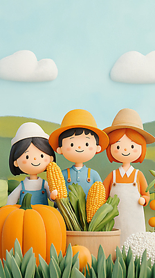 JPG 여자 남자 행복 농업 일러스트 호박 옥수수 미소 들기 상반신 성인 세명 농장 수확 농부 밀짚모자 농업인의날 성인만 국내일러스트 AI일러스트 AI콘텐츠 직업 모자_잡화 기념일 감정 산업 채소 모션 곡류 표정 사람 파일형식