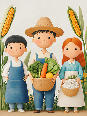 JPG 전신 여자 남자 행복 농업 일러스트 옥수수 미소 들기 성인 세명 농장 바구니 당근 수확 농부 농업인의날 성인만 국내일러스트 AI일러스트 AI콘텐츠 직업 기념일 감정 산업 모션 곡류 뿌리채소 표정 사람 파일형식