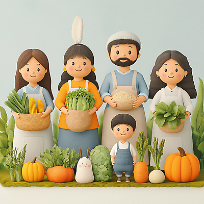 JPG 전신 여자 남자 행복 어린이 농업 채소 일러스트 가족 호박 옥수수 미소 들기 소년 여러명 성인 농장 바구니 당근 수확 농부 양배추 농업인의날 국내일러스트 AI일러스트 AI콘텐츠 직업 기념일 감정 산업 다수 관계 모션 곡류 뿌리채소 표정 사람 파일형식