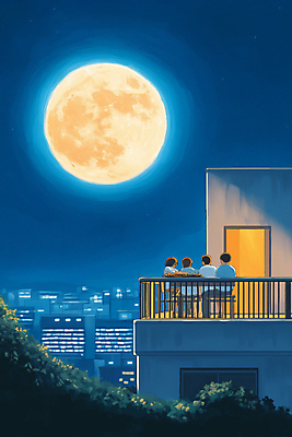 JPG 전신 남자 일러스트 가족 밤하늘 밝음 여러명 성인 건물 파란색 고요 발코니 보름달 도시 달빛 감성 성인남자만 국내일러스트 AI일러스트 AI콘텐츠 건축물 컬러 다수 컨셉 관계 하늘 사람 달 야간 남자만 성인만 파일형식