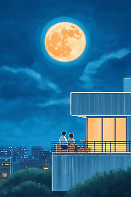 JPG 여자 남자 일러스트 밤하늘 밝음 성인 두명 건물 파란색 고요 발코니 보름달 도시 달빛 감성 성인만 국내일러스트 AI일러스트 AI콘텐츠 건축물 컬러 컨셉 하늘 사람 달 야간 파일형식