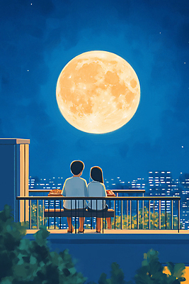 JPG 여자 남자 일러스트 난간 밤하늘 밝음 앉기 성인 두명 건물 파란색 고요 발코니 보름달 도시 달빛 감성 성인만 국내일러스트 AI일러스트 AI콘텐츠 건축물 컬러 컨셉 모션 하늘 사람 달 야간 파일형식