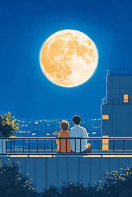 JPG 여자 남자 일러스트 난간 밤하늘 밝음 상반신 성인 두명 건물 파란색 고요 발코니 보름달 도시 달빛 감성 성인만 국내일러스트 AI일러스트 AI콘텐츠 건축물 컬러 컨셉 하늘 사람 달 야간 파일형식