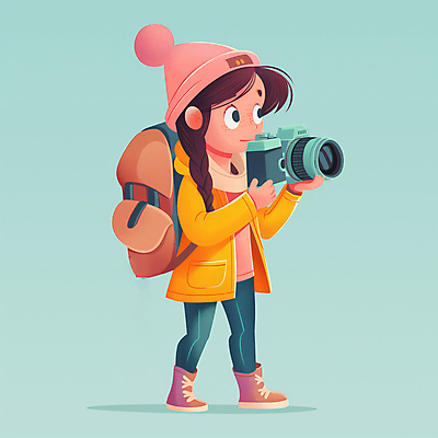 JPG 전신 모자 여자 어린이 여행 가방 일러스트 털모자 한명 들기 소녀 노란색 카메라 탐험 모험가 민트색 소녀한명만 국내일러스트 AI일러스트 AI콘텐츠 모자_잡화 1 잡화 컬러 모션 사람 전자제품 여자한명만 소녀만 파일형식