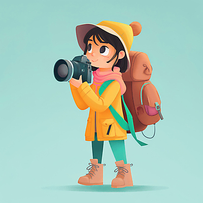 JPG 전신 모자 여자 어린이 여행 가방 일러스트 한명 미소 들기 소녀 노란색 카메라 탐험 모험가 민트색 소녀한명만 국내일러스트 AI일러스트 AI콘텐츠 1 잡화 컬러 모션 표정 사람 전자제품 여자한명만 소녀만 파일형식