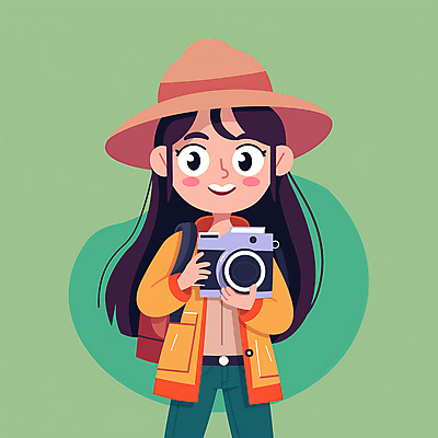 JPG 모자 여자 어린이 여행 가방 일러스트 한명 미소 들기 소녀 상반신 초록색 카메라 탐험 모험가 소녀한명만 국내일러스트 AI일러스트 AI콘텐츠 1 잡화 컬러 모션 표정 사람 전자제품 여자한명만 소녀만 파일형식