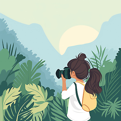 JPG 여자 어린이 여행 가방 일러스트 자연 한명 풍경 소녀 상반신 야외 초록색 카메라 사진촬영 탐험 숲속 모험가 백팩 소녀한명만 국내일러스트 AI일러스트 AI콘텐츠 1 잡화 컬러 사람 전자제품 촬영 숲 생태계 여자한명만 소녀만 파일형식