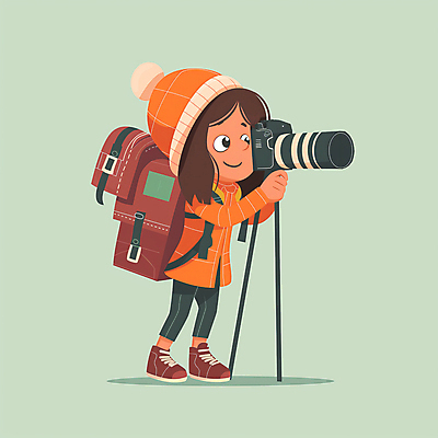 JPG 전신 모자 여자 어린이 여행 가방 일러스트 털모자 한명 미소 풍경 소녀 초록색 카메라 주황색 탐험 모험가 삼각대 소녀한명만 국내일러스트 AI일러스트 AI콘텐츠 모자_잡화 1 잡화 컬러 표정 사람 전자제품 여자한명만 소녀만 파일형식