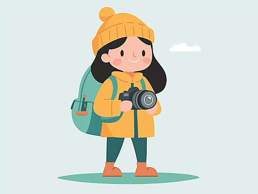 JPG 전신 여자 어린이 여행 가방 일러스트 털모자 한명 미소 들기 소녀 노란색 카메라 탐험 모험가 민트색 소녀한명만 국내일러스트 AI일러스트 AI콘텐츠 모자_잡화 1 잡화 컬러 모션 표정 사람 전자제품 여자한명만 소녀만 파일형식