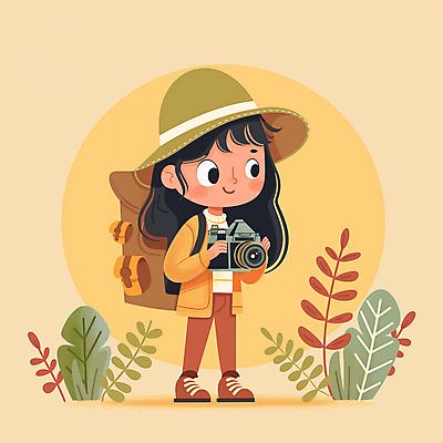 JPG 전신 모자 여자 어린이 여행 잎 가방 일러스트 한명 미소 들기 소녀 노란색 카메라 탐험 모험가 소녀한명만 국내일러스트 AI일러스트 AI콘텐츠 식물 1 잡화 컬러 모션 표정 사람 전자제품 여자한명만 소녀만 파일형식