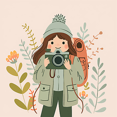 JPG 여자 어린이 여행 잎 가방 일러스트 털모자 한명 미소 들기 소녀 상반신 카메라 기쁨 탐험 모험가 소녀한명만 국내일러스트 AI일러스트 AI콘텐츠 식물 모자_잡화 1 잡화 감정 모션 표정 사람 전자제품 여자한명만 소녀만 파일형식