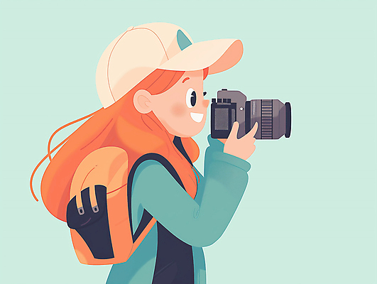 JPG 여자 어린이 여행 가방 일러스트 한명 미소 들기 소녀 상반신 여행객 카메라 주황색 모험가 백팩 민트색 캡모자 소녀한명만 국내일러스트 AI일러스트 AI콘텐츠 모자_잡화 1 잡화 컬러 모션 표정 사람 전자제품 여자한명만 소녀만 파일형식