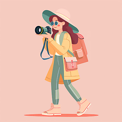 JPG 전신 모자 여자 분홍색 여행 가방 일러스트 한명 미소 들기 성인 야외 선글라스 여행객 걷기 카메라 탐험 모험가 성인여자한명만 국내일러스트 AI일러스트 AI콘텐츠 1 잡화 안경 컬러 모션 표정 사람 전자제품 여자한명만 성인여자만 파일형식