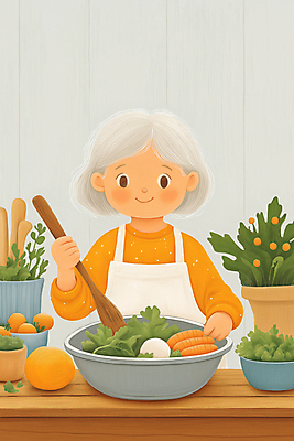 JPG 여자 노년 행복 화분 채소 일러스트 주방용품 건강 요리 한명 미소 상반신 주방 당근 포근함 건강식 나무주걱 섞기 믹싱볼 노인여자한명만 국내일러스트 AI일러스트 AI콘텐츠 1 그릇 감정 음식 생활용품 뿌리채소 표정 사람 성인 목재 감각 주걱 여자한명만 노인여자만 파일형식