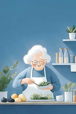 JPG 식물 그릇 여자 노년 행복 화분 안경 할머니 채소 과일 일러스트 주방용품 선반 건강 요리 한명 미소 상반신 파란색 주방 냄비 건강식 노인여자한명만 국내일러스트 AI일러스트 AI콘텐츠 1 식기 잡화 감정 음식 컬러 가구 생활용품 표정 사람 성인 솥 여자한명만 노인여자만 파일형식