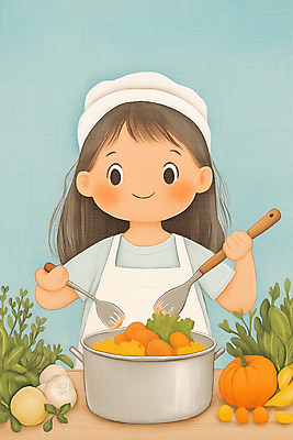 JPG 여자 행복 어린이 채소 일러스트 호박 주방용품 건강 요리 한명 미소 소녀 상반신 주방 당근 냄비 포근함 뒤집개 건강식 소녀한명만 국내일러스트 AI일러스트 AI콘텐츠 1 감정 음식 생활용품 뿌리채소 표정 사람 감각 솥 여자한명만 소녀만 파일형식