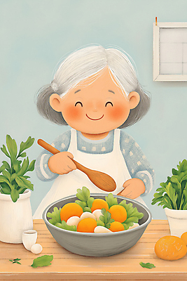 JPG 여자 노년 행복 채소 일러스트 주방용품 건강 요리 한명 미소 상반신 주방 포근함 나무숟가락 건강식 믹싱볼 노인여자한명만 국내일러스트 AI일러스트 AI콘텐츠 1 그릇 감정 음식 생활용품 표정 사람 성인 숟가락 감각 여자한명만 노인여자만 파일형식