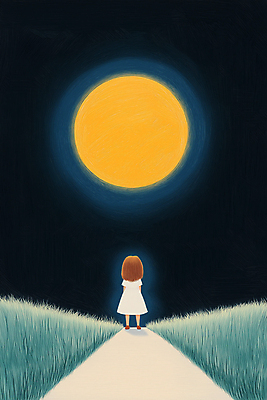 JPG 전신 여자 길 어린이 일러스트 밤하늘 동화 한명 소녀 잔디 빛 어둠 고요 꿈 보름달 달빛 소녀한명만 동심 국내일러스트 AI일러스트 AI콘텐츠 식물 1 하늘 사람 달 야간 여자한명만 소녀만 파일형식