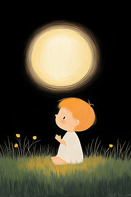 JPG 전신 남자 어린이 일러스트 밤하늘 동화 한명 소년 잔디 빛 어둠 고요 꿈 보름달 달빛 소년한명만 동심 국내일러스트 AI일러스트 AI콘텐츠 식물 1 하늘 사람 달 야간 남자한명만 소년만 파일형식