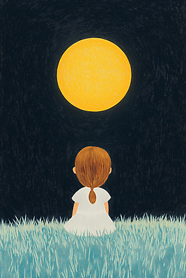 JPG 전신 여자 어린이 일러스트 밤하늘 동화 한명 소녀 잔디 어둠 고요 꿈 보름달 소녀한명만 동심 국내일러스트 AI일러스트 AI콘텐츠 식물 1 하늘 사람 달 야간 여자한명만 소녀만 파일형식