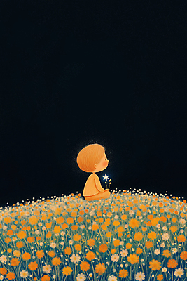 JPG 전신 남자 어린이 꽃밭 일러스트 밤하늘 동화 한명 소년 잔디 빛 어둠 고요 꿈 소년한명만 동심 국내일러스트 AI일러스트 AI콘텐츠 식물 1 꽃 하늘 사람 야간 남자한명만 소년만 파일형식