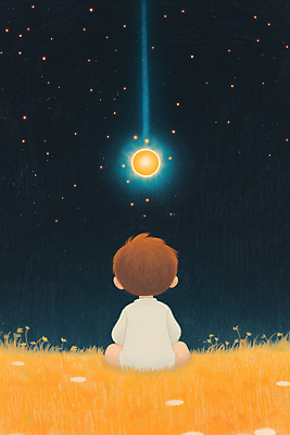 JPG 전신 남자 어린이 일러스트 밤하늘 동화 한명 소년 잔디 빛 어둠 고요 꿈 보름달 달빛 소년한명만 동심 국내일러스트 AI일러스트 AI콘텐츠 식물 1 하늘 사람 달 야간 남자한명만 소년만 파일형식