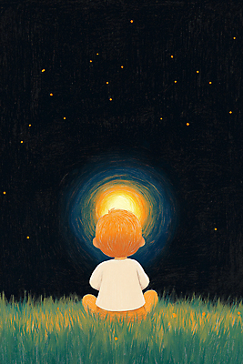 JPG 전신 남자 어린이 일러스트 밤하늘 동화 한명 소년 잔디 빛 어둠 고요 꿈 보름달 달빛 소년한명만 동심 국내일러스트 AI일러스트 AI콘텐츠 식물 1 하늘 사람 달 야간 남자한명만 소년만 파일형식