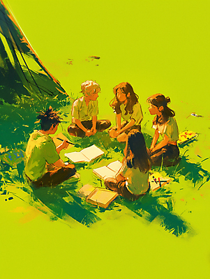 JPG 전신 여자 교육 남자 일러스트 청소년 휴식 대화 그림자 앉기 잔디 여러명 야외 책 초록색 친구 독서 햇빛 모임 단체활동 오후 십대만 국내일러스트 AI일러스트 AI콘텐츠 식물 컬러 다수 컨셉 관계 모션 말하기 사람 태양 그룹 파일형식