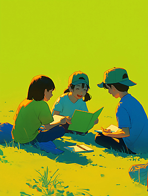 JPG 전신 모자 여자 남자 어린이 일러스트 휴식 대화 그림자 미소 앉기 소녀 소년 잔디 야외 책 세명 초록색 여름 친구 독서 햇빛 모임 오후 어린이만 국내일러스트 AI일러스트 AI콘텐츠 식물 잡화 계절 컬러 컨셉 관계 모션 표정 말하기 사람 태양 파일형식