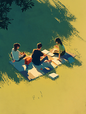 JPG 전신 여자 남자 일러스트 대화 그림자 앉기 잔디 성인 야외 책 세명 초록색 친구 독서 햇빛 그룹 돗자리 친목 단체활동 오후 성인만 국내일러스트 AI일러스트 AI콘텐츠 식물 컬러 관계 모션 말하기 사람 태양 파일형식