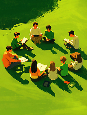 JPG 전신 여자 교육 남자 일러스트 청소년 그림자 앉기 잔디 여러명 야외 책 초록색 친구 햇빛 펜 모임 그룹 오후 십대만 국내일러스트 AI일러스트 AI콘텐츠 식물 컬러 다수 관계 모션 사람 태양 필기구 파일형식