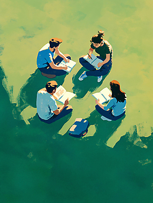 JPG 전신 여자 교육 남자 일러스트 휴식 대화 그림자 앉기 잔디 여러명 성인 야외 책 초록색 친구 햇빛 모임 단체활동 오후 성인만 국내일러스트 AI일러스트 AI콘텐츠 식물 컬러 다수 컨셉 관계 모션 말하기 사람 태양 그룹 파일형식