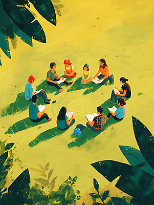 JPG 전신 여자 남자 잎 일러스트 청소년 휴식 대화 그림자 앉기 잔디 여러명 야외 책 초록색 친구 햇빛 소풍 모임 오후 십대만 국내일러스트 AI일러스트 AI콘텐츠 식물 컬러 다수 컨셉 관계 모션 말하기 사람 태양 야외활동 파일형식