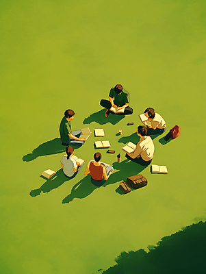 JPG 전신 여자 교육 남자 일러스트 청소년 휴식 대화 그림자 잔디 여러명 야외 책 초록색 친구 햇빛 모임 그룹 가부좌 단체활동 오후 십대만 국내일러스트 AI일러스트 AI콘텐츠 식물 컬러 다수 컨셉 관계 말하기 사람 앉기 태양 파일형식