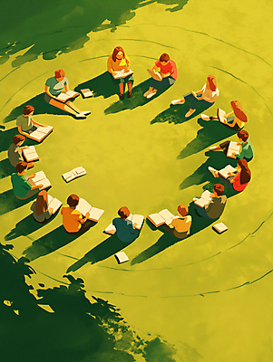 JPG 전신 여자 교육 남자 일러스트 청소년 휴식 대화 그림자 앉기 잔디 여러명 야외 책 초록색 친구 독서 햇빛 모임 단체활동 오후 십대만 국내일러스트 AI일러스트 AI콘텐츠 식물 컬러 다수 컨셉 관계 모션 말하기 사람 태양 그룹 파일형식