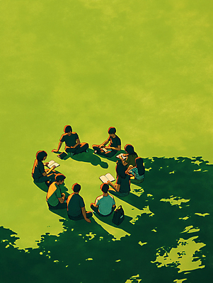 JPG 전신 여자 교육 남자 일러스트 청소년 대화 그림자 잔디 여러명 야외 책 초록색 친구 독서 햇빛 그룹 가부좌 친목 단체활동 오후 십대만 국내일러스트 AI일러스트 AI콘텐츠 식물 컬러 다수 관계 말하기 사람 앉기 태양 파일형식